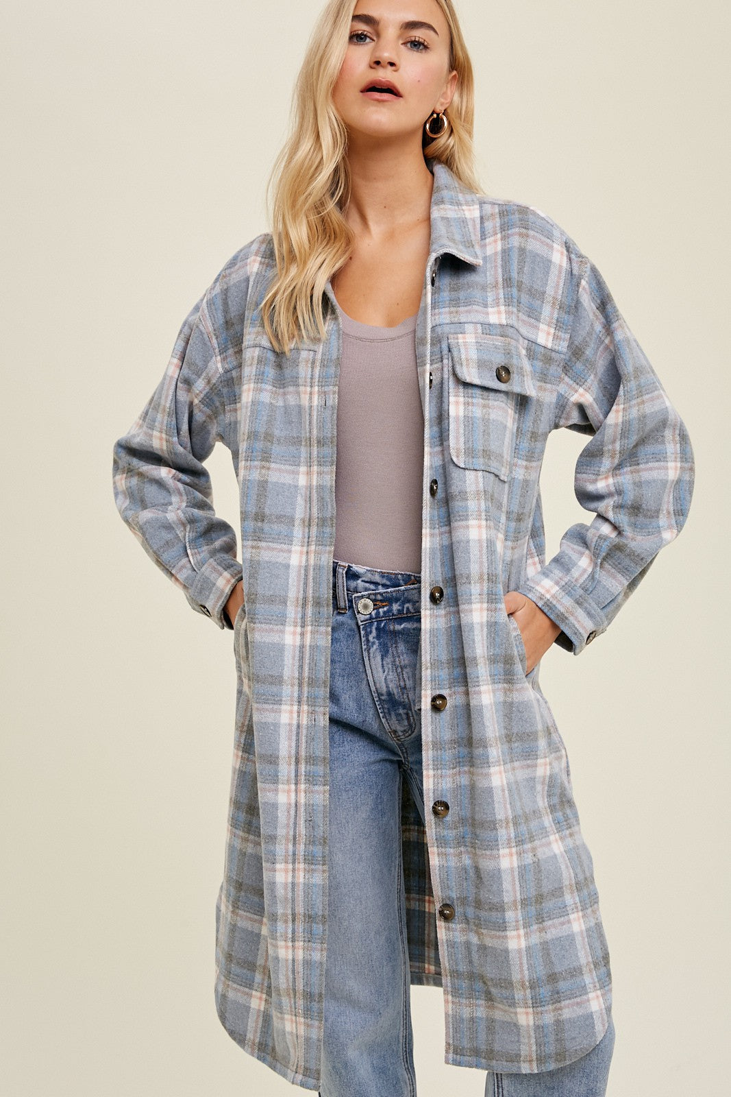 Plaid Long Shacket Dress - Blue