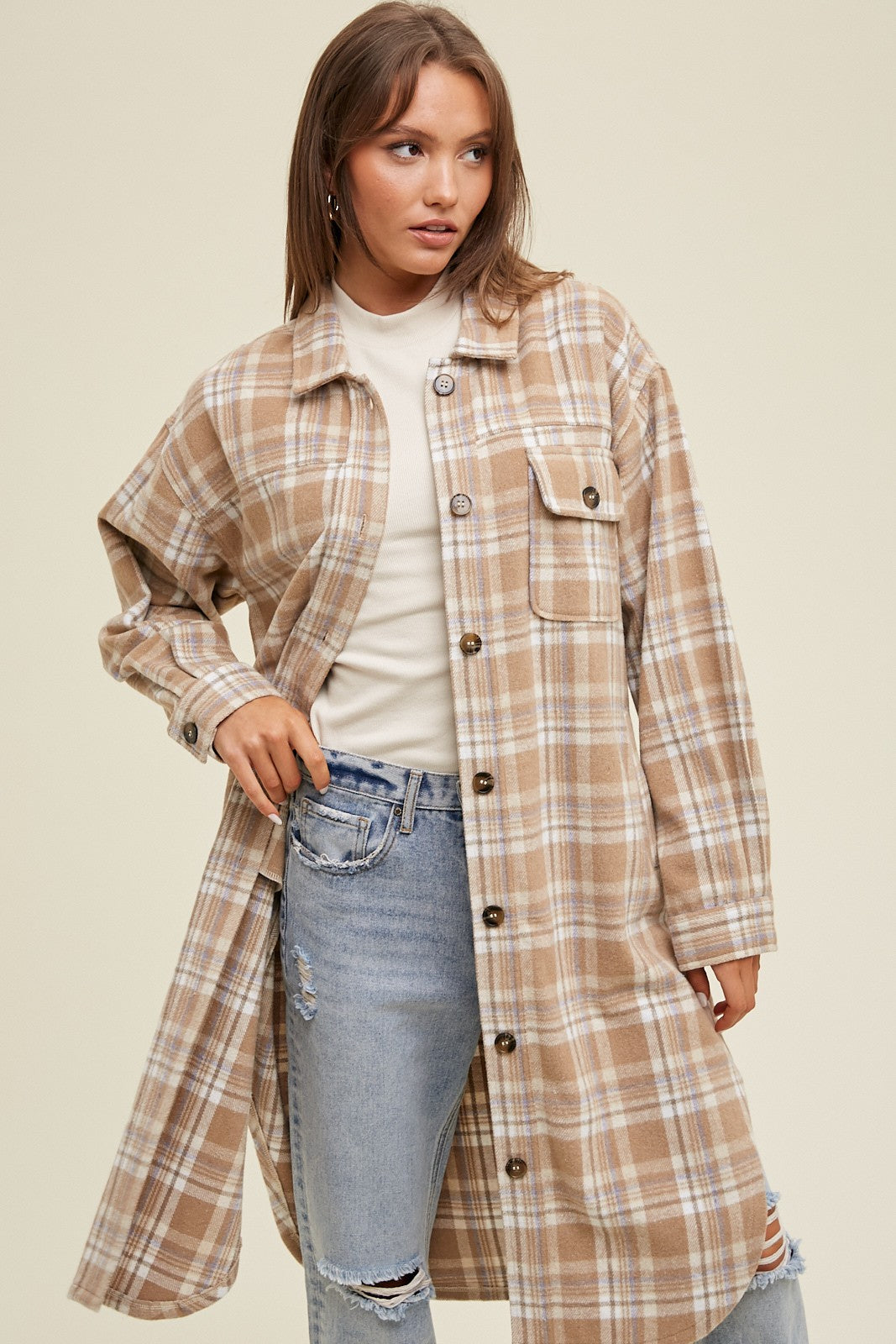 Plaid Long Shacket Dress - Mocha