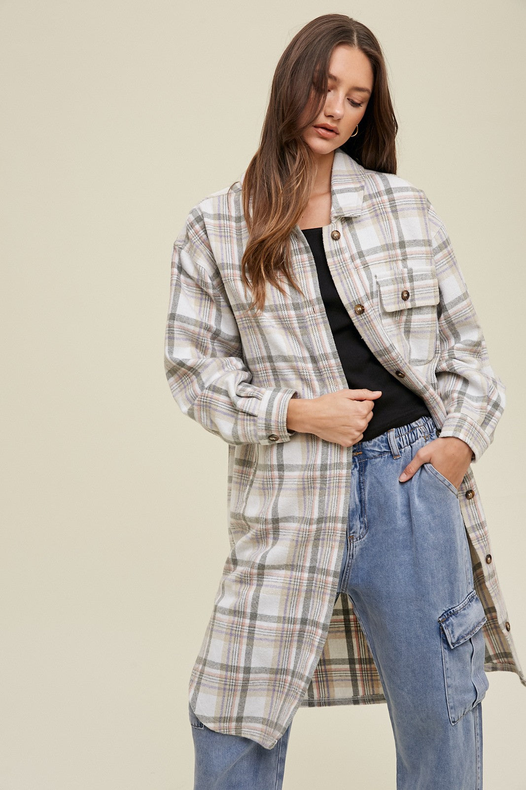 Plaid Long Shacket Dress - Cream