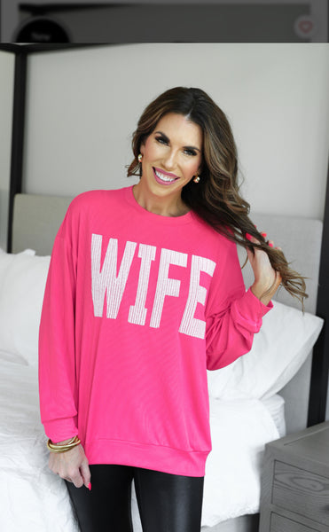 Wife Embroidered Ribbed Pullover