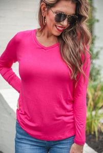 Brittany Basic Long Sleeve Top - Hot Pink