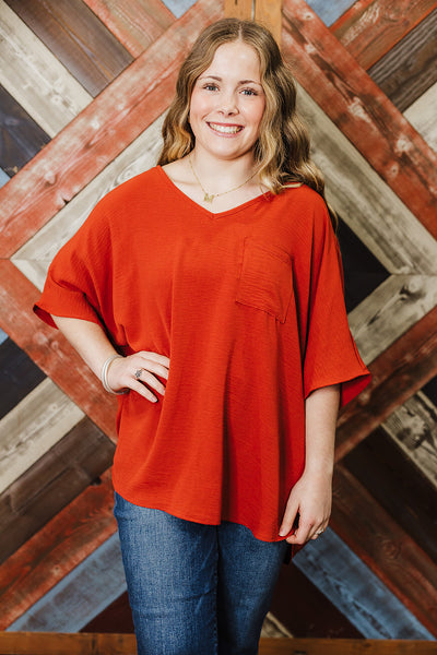 Oversized Basic V-Neck Top - Rust