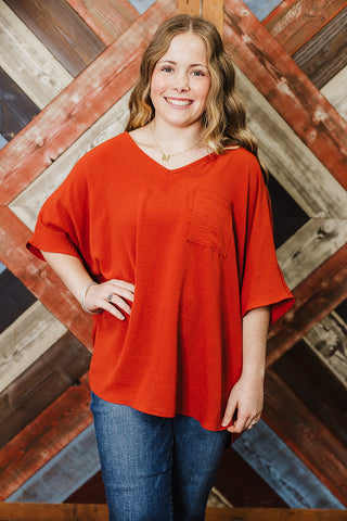 Oversized Basic V-Neck Top - Rust