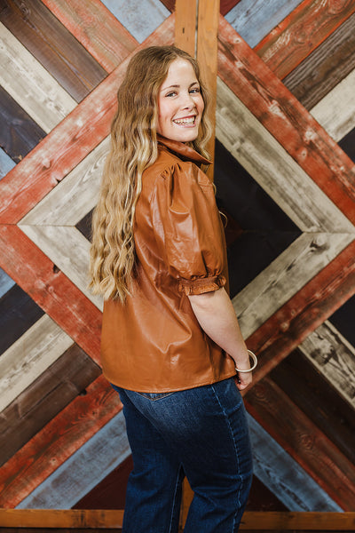 Fall Faux Leather Top - Brown