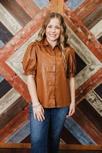 Fall Faux Leather Top - Brown