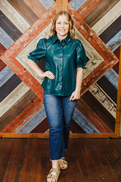 Fall Faux Leather Top - Teal