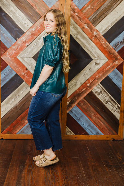 Fall Faux Leather Top - Teal