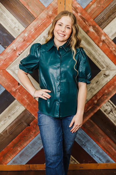 Fall Faux Leather Top - Teal