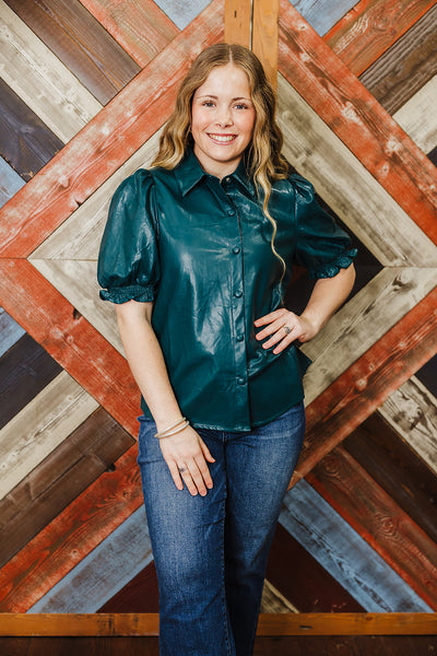 Fall Faux Leather Top - Teal