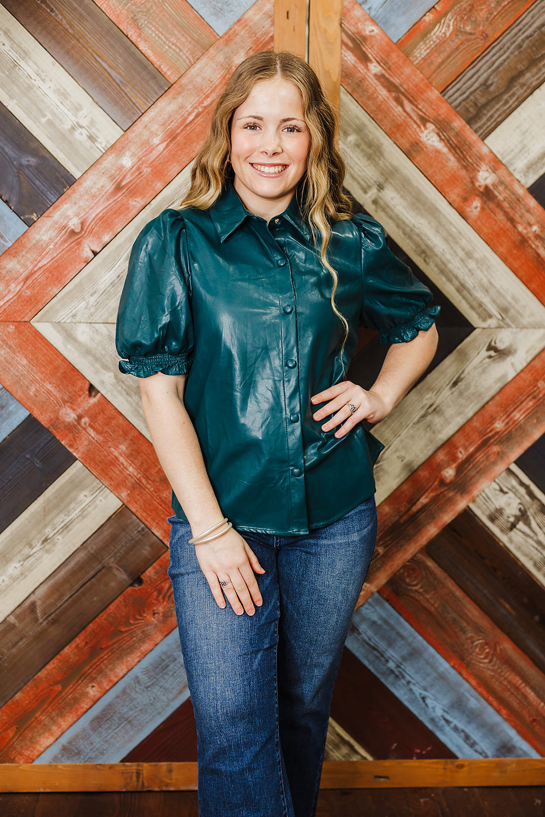 Fall Faux Leather Top - Teal