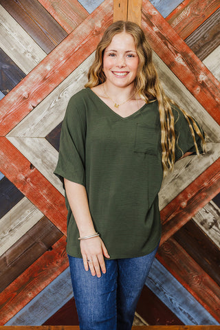 Oversized Basic V-Neck Top - Olive