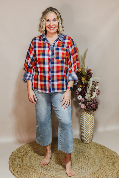 Pretty In Plaid Top - Navy