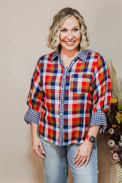 Pretty In Plaid Top - Navy