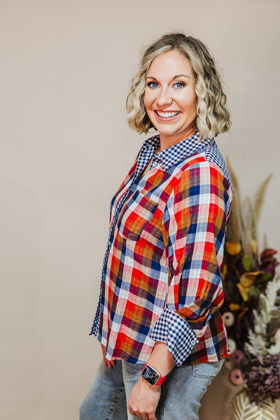 Pretty In Plaid Top - Navy