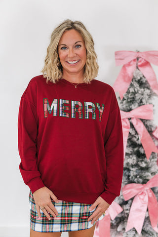 Merry Plaid Patch Luxe Pullover - Burgundy