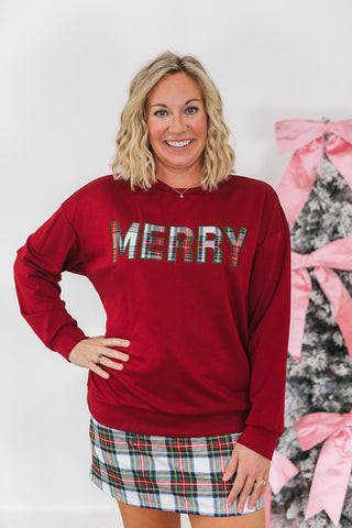 Merry Plaid Patch Luxe Pullover - Burgundy