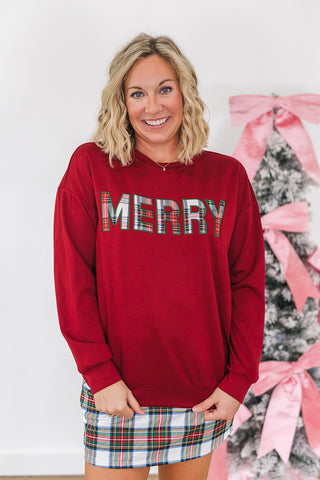 Merry Plaid Patch Luxe Pullover - Burgundy