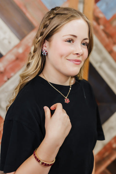 Pom Pom Stud Earrings - Maroon/Gray/White