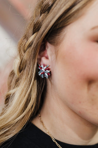 Pom Pom Stud Earrings - Maroon/Gray/White