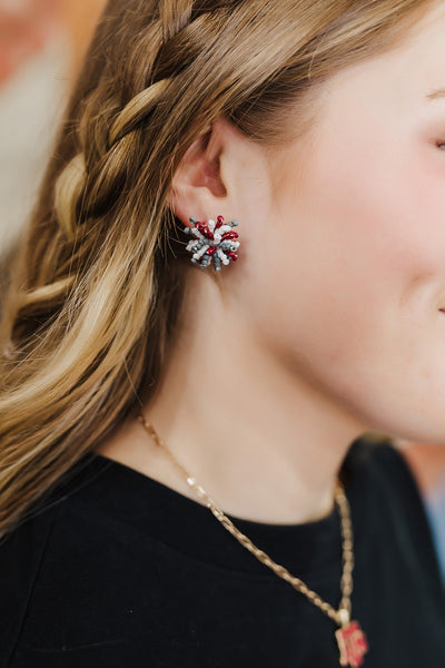 Pom Pom Stud Earrings - Maroon/Gray/White