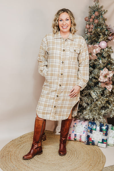 Plaid Long Shacket Dress - Mocha