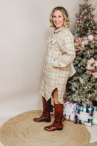 Plaid Long Shacket Dress - Mocha