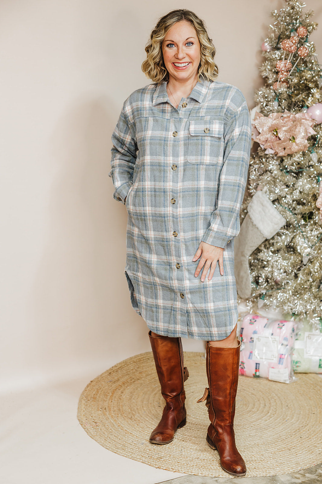 Plaid Long Shacket Dress - Blue