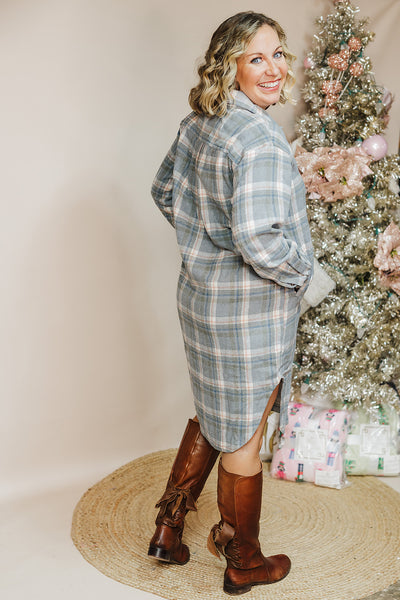 Plaid Long Shacket Dress - Blue