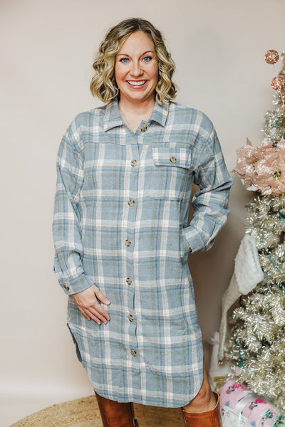 Plaid Long Shacket Dress - Blue