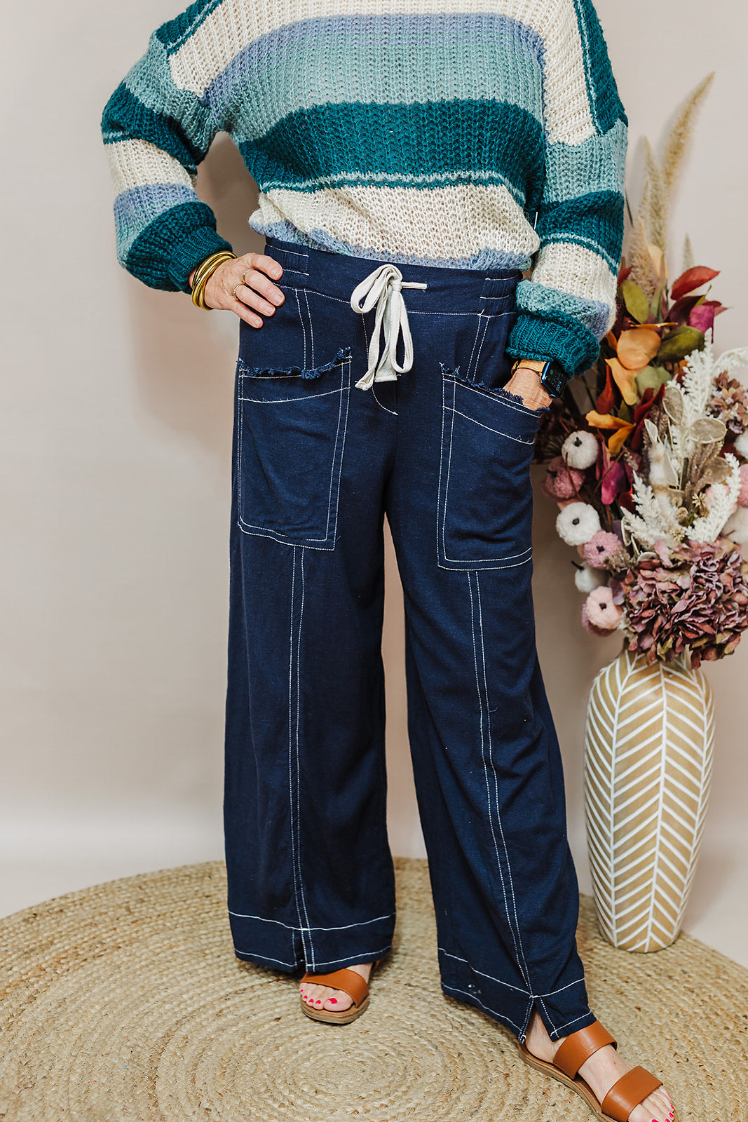 Linen Blend Wide Leg Pants - Navy