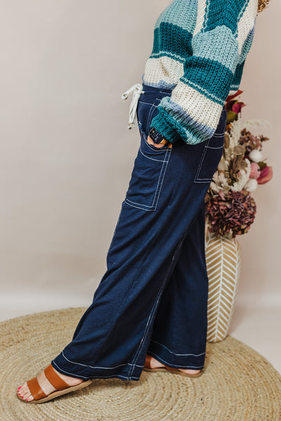 Linen Blend Wide Leg Pants - Navy