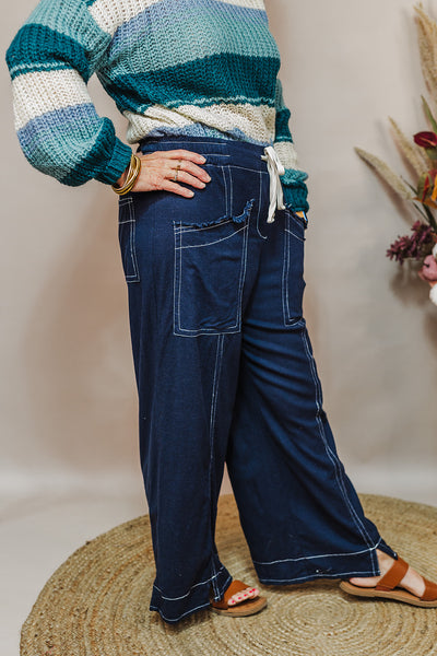 Linen Blend Wide Leg Pants - Navy