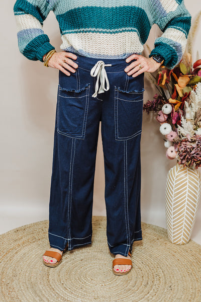 Linen Blend Wide Leg Pants - Navy