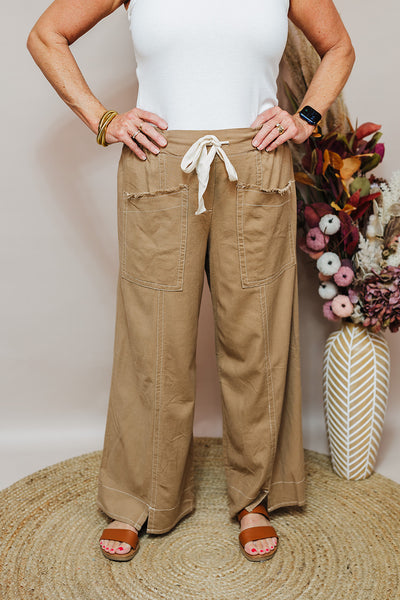 Linen Blend Wide Leg Pants - Latte