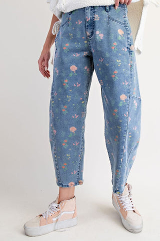Floral Barrel Pants - Denim