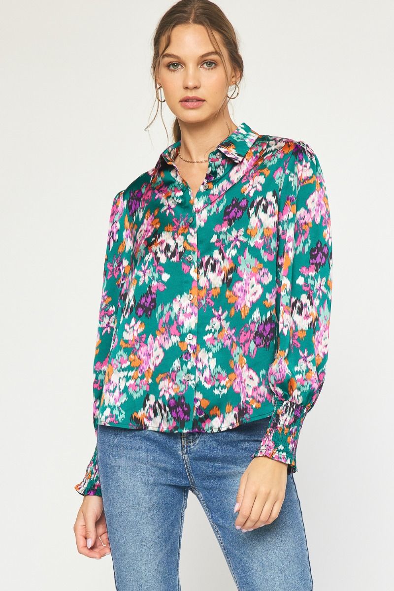 Kym Satin Floral Top - Heather Green